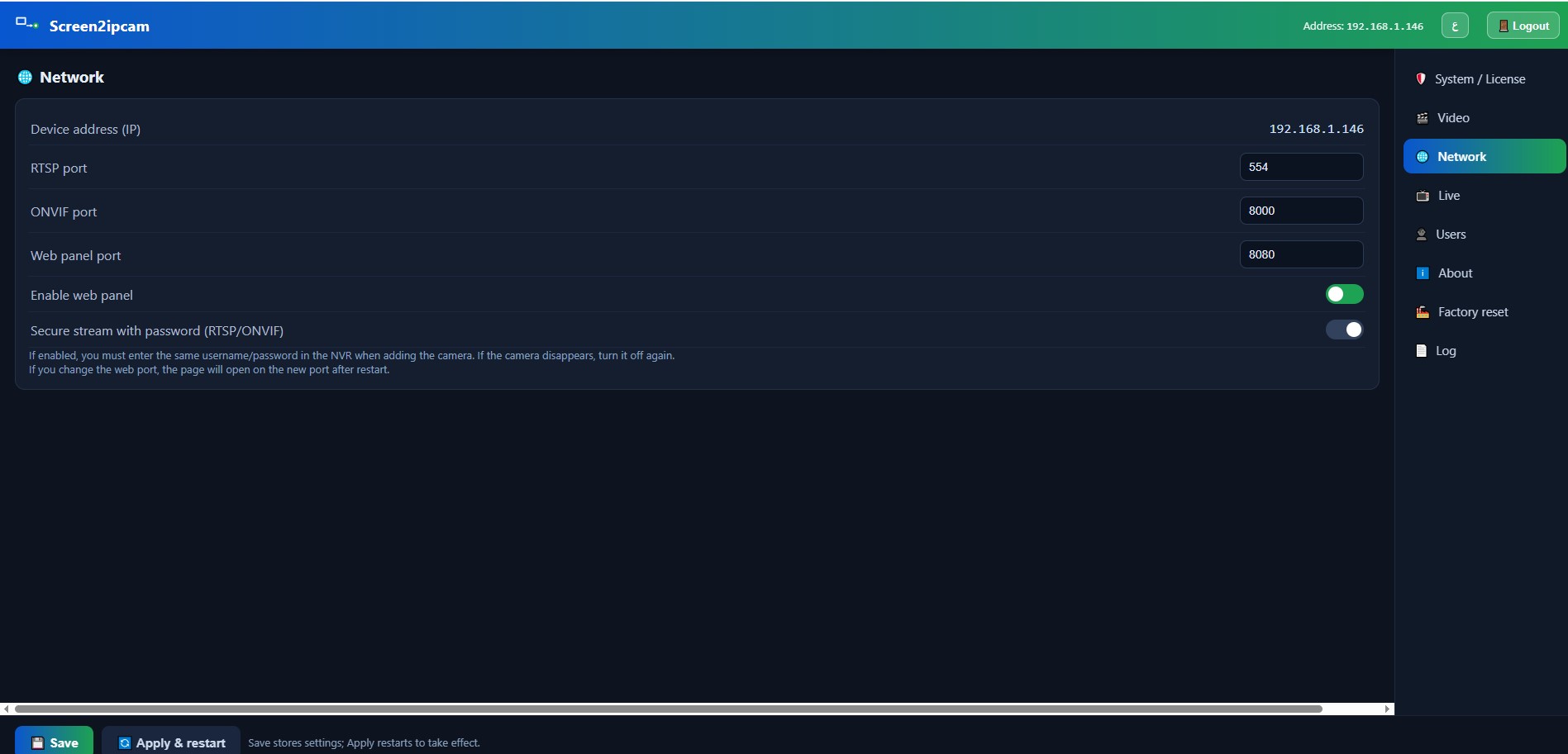 Web panel — Network settings
