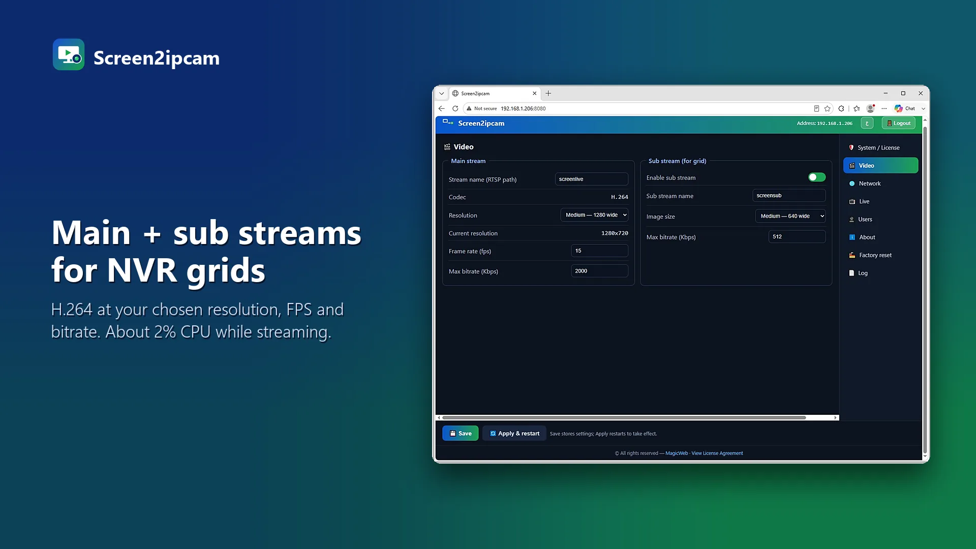 Main and sub streams for NVR grids
